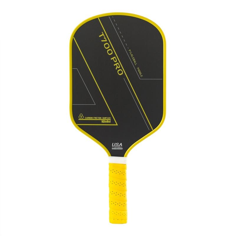 Close-up of T700 Pro pickleball paddle face showing 16mm carbon friction surface and USA Pickleball Approved logo