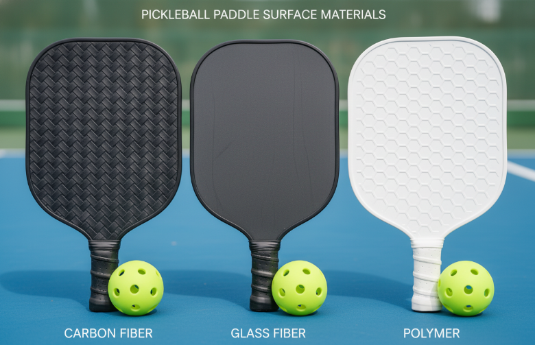 Comparison chart of pickleball paddle surface materials showing carbon fiber weave, matte glass fiber, and white polymer textures