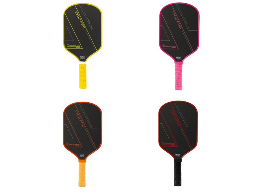 Set of four T700 carbon fiber pickleball paddles in yellow, pink, orange, and red color options