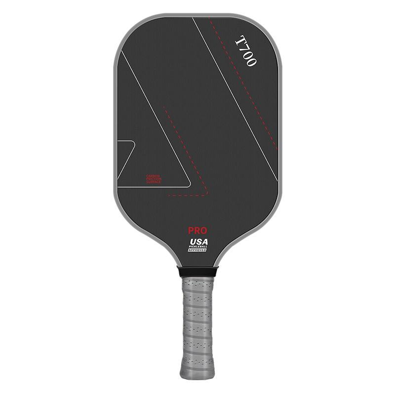 Front view of a sleek black T700 Pro pickleball paddle with a grey grip and USA Pickleball Approved logo