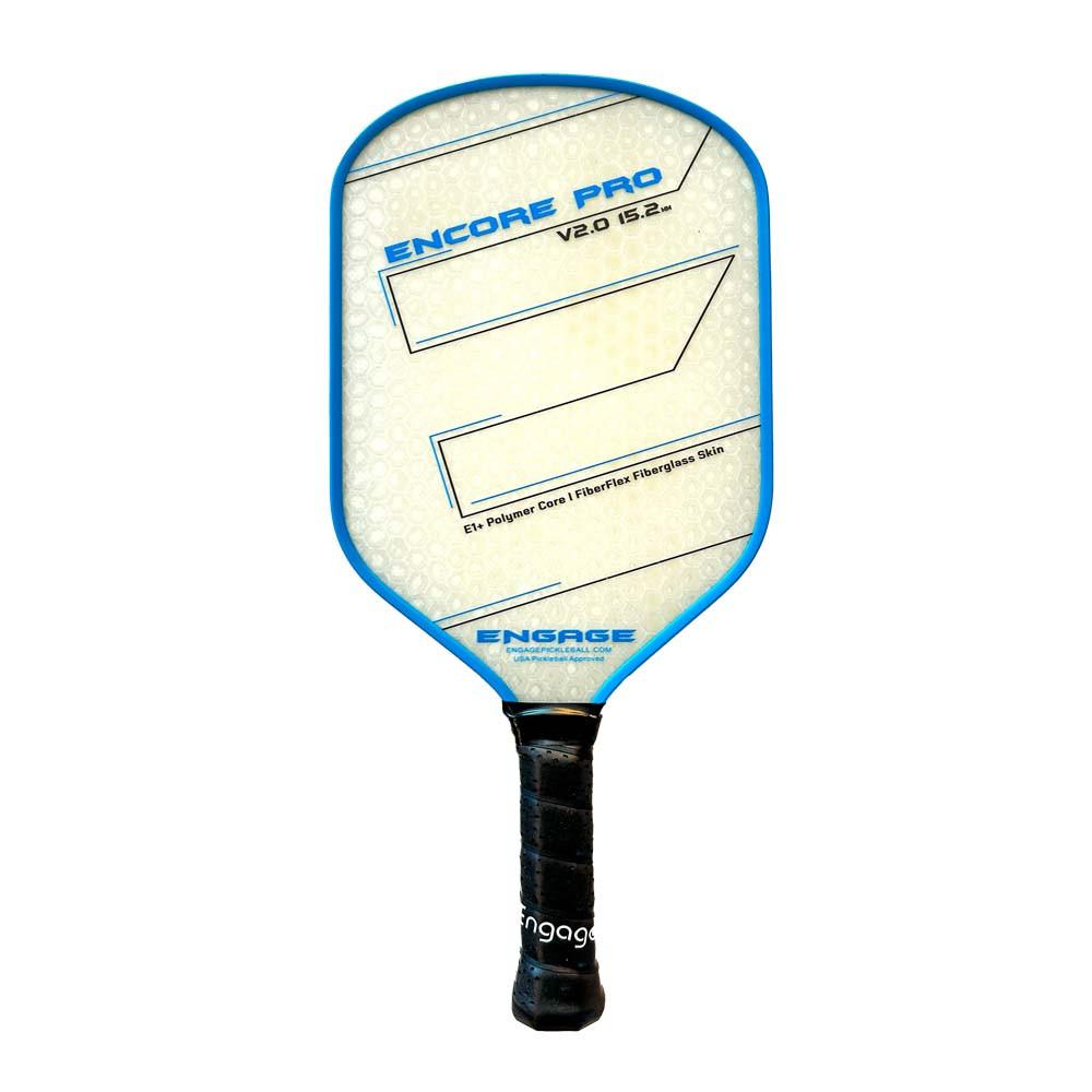 Blue Engage Encore Pro V2.0 pickleball paddle showing the FiberFlex fiberglass skin and polymer core texture