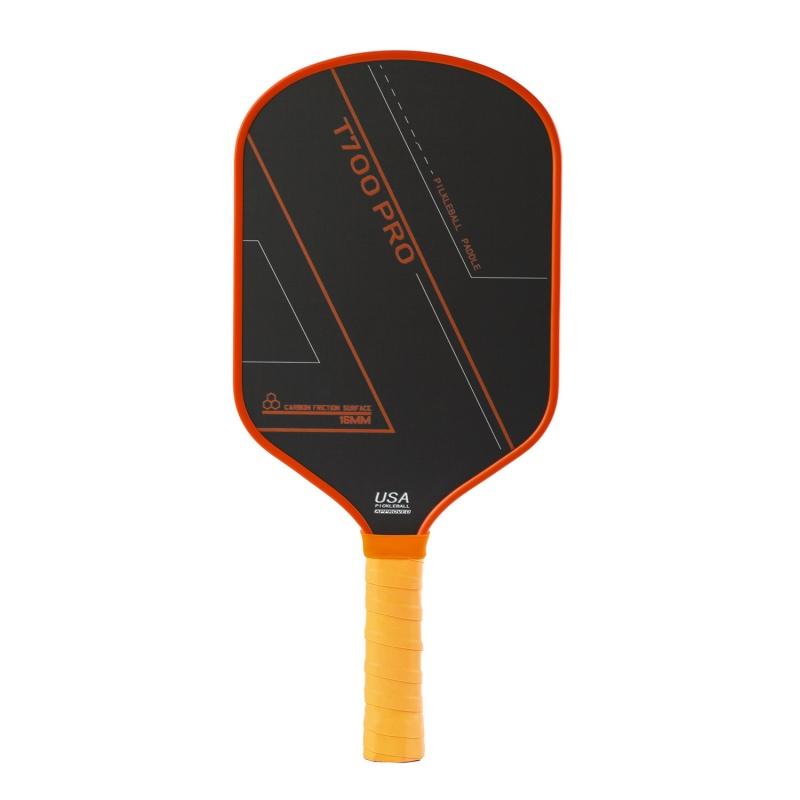 Close-up of a T700 Raw Carbon Fiber pickleball paddle with a 16mm core and USA Pickleball approval, recommended for teen players needing extra stability and vibration dampening.