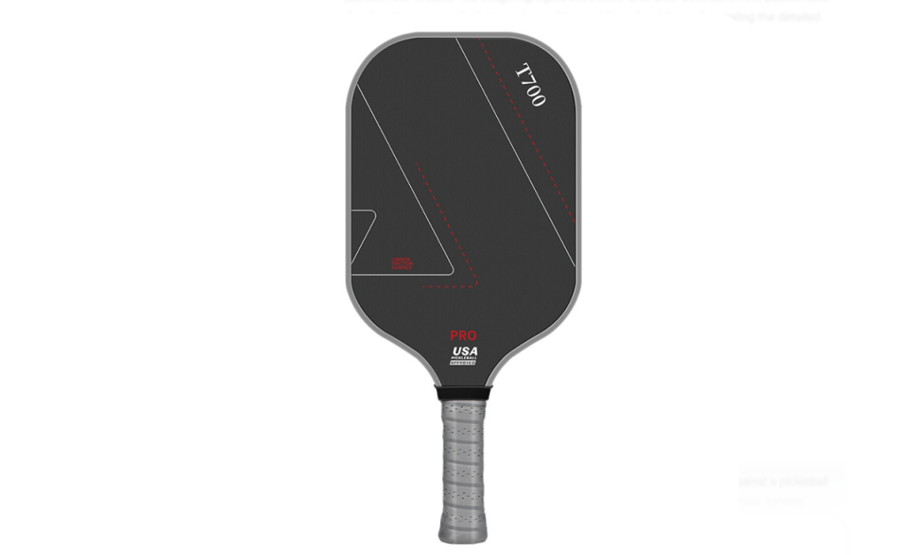 "Pro-level T700 carbon fiber pickleball paddle with friction surface, USA Pickleball Approved for competitive tournament play."