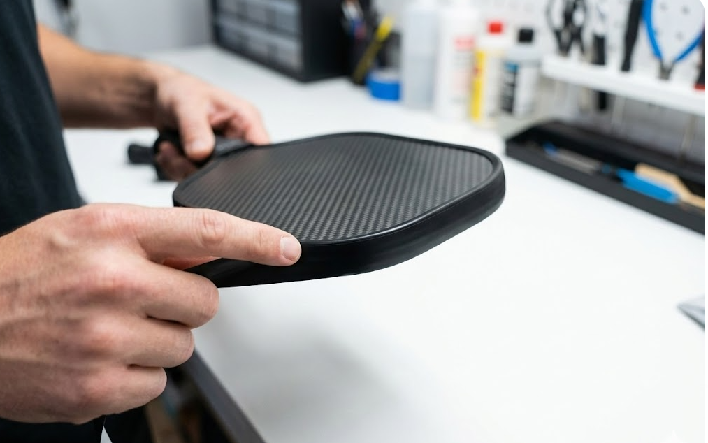A stack of five pickleball paddles viewed from the side, showing protective edge guards in white, red, blue, and black colors.