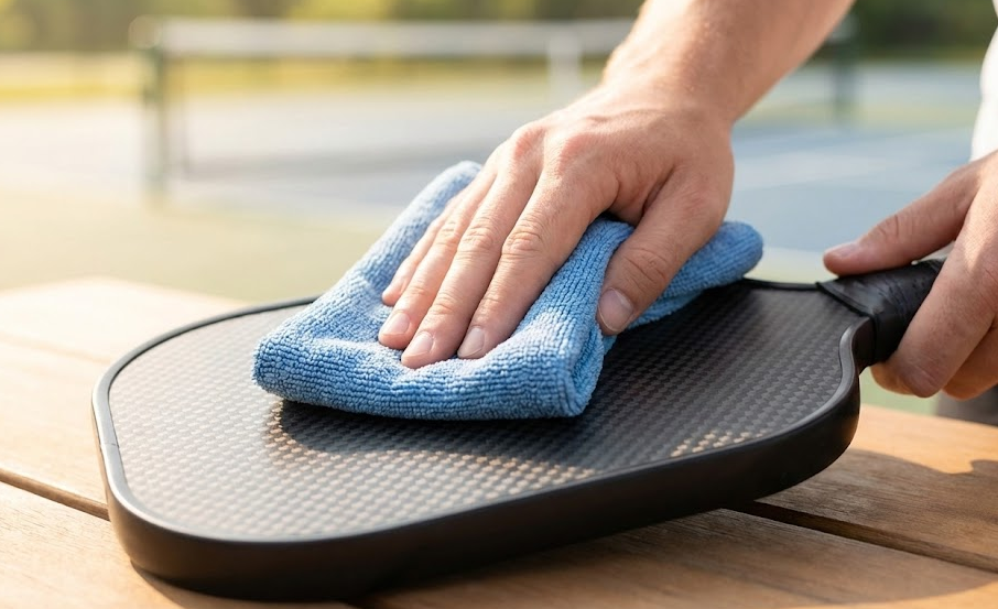 Gently wiping down the surface of T700 pickleball paddles with a microfiber cloth to remove sweat and dust after gameplay.