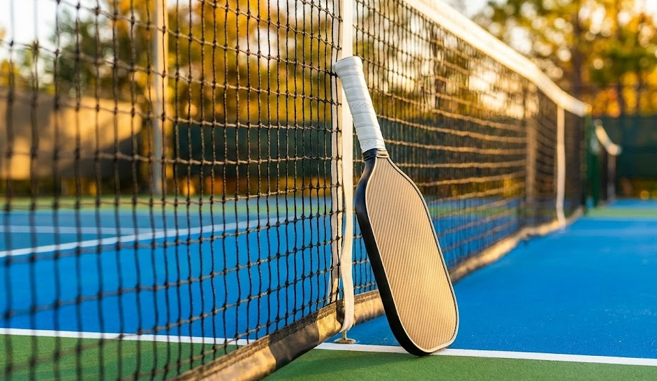 A well-maintained carbon fiber pickleball paddle resting against the net on a blue court during a sunny outdoor practice session.