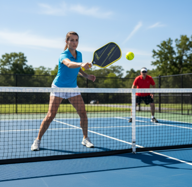 Female player executing a precise shot near the net using a performance pickleball paddle during an outdoor doubles match