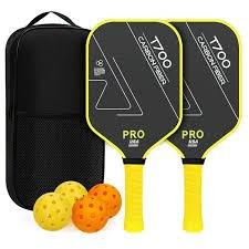 T700 carbon fiber pickleball paddle set including two rackets, a carrying case, and four indoor outdoor balls