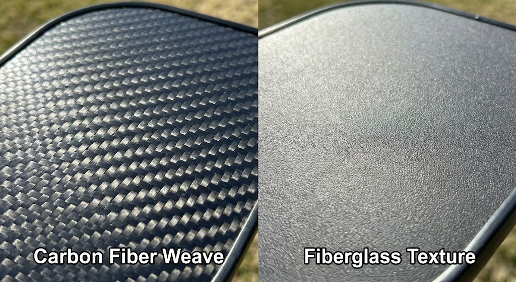 Macro close-up comparing the surface texture of raw carbon fiber weave pickleball paddles against standard fiberglass models.
