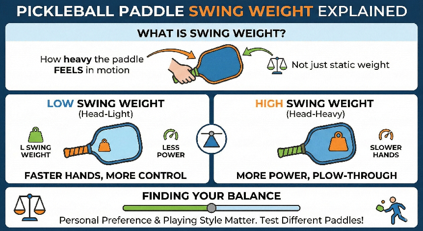 Infographic explaining swing weight in pickleball paddles, comparing head-light control setups versus head-heavy power configurations for optimal plow-through.