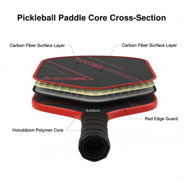 Cross-section diagram of a carbon fiber pickleball paddle showing the polypropylene honeycomb core and T700 surface layers