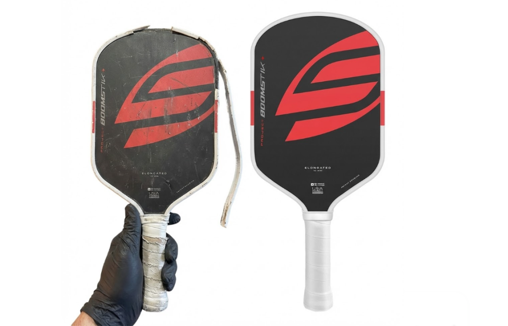 Before and after pickleball paddle edge guard repair showing a damaged versus new paddle.