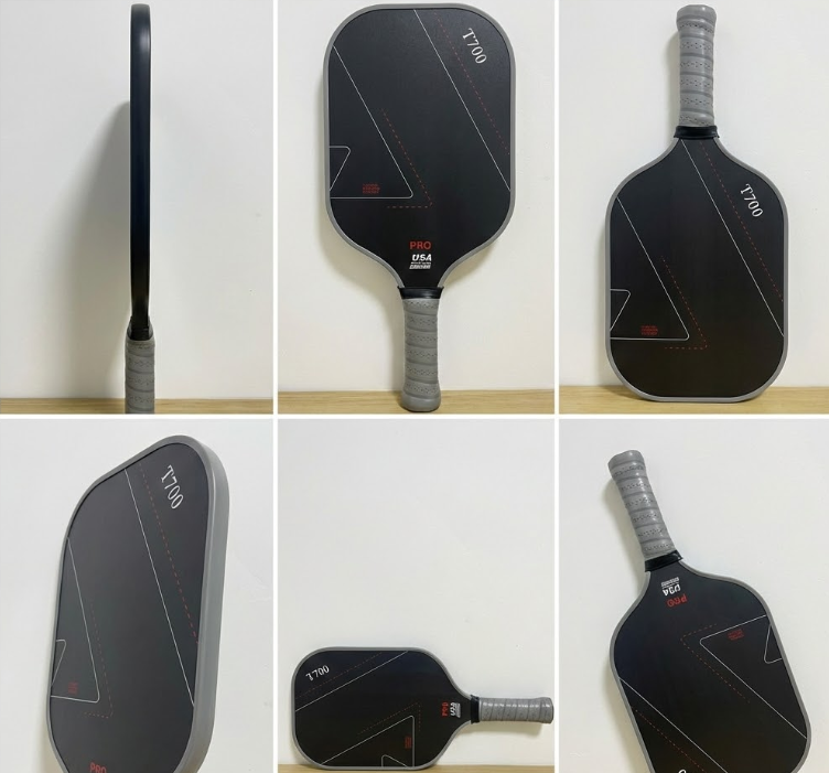 Black T700 model pickleball paddle, shown from multiple angles for product detail.