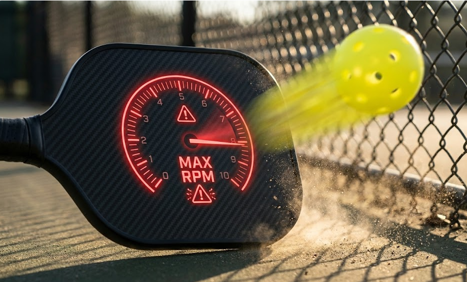 Close-up of pickleball paddles with futuristic gauge and ball