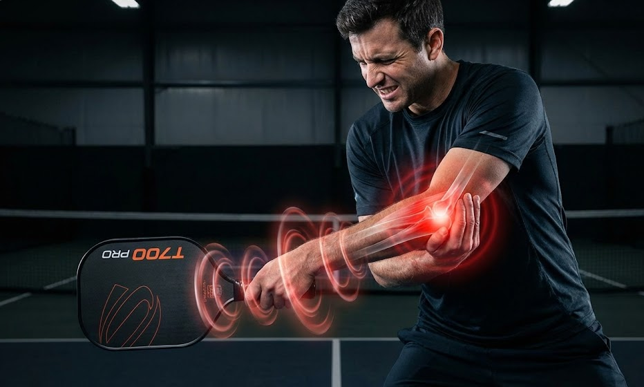 Man with elbow pain holding a pickleball paddle.