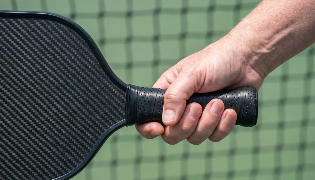 Close-up of hand holding pickleball paddle grip size