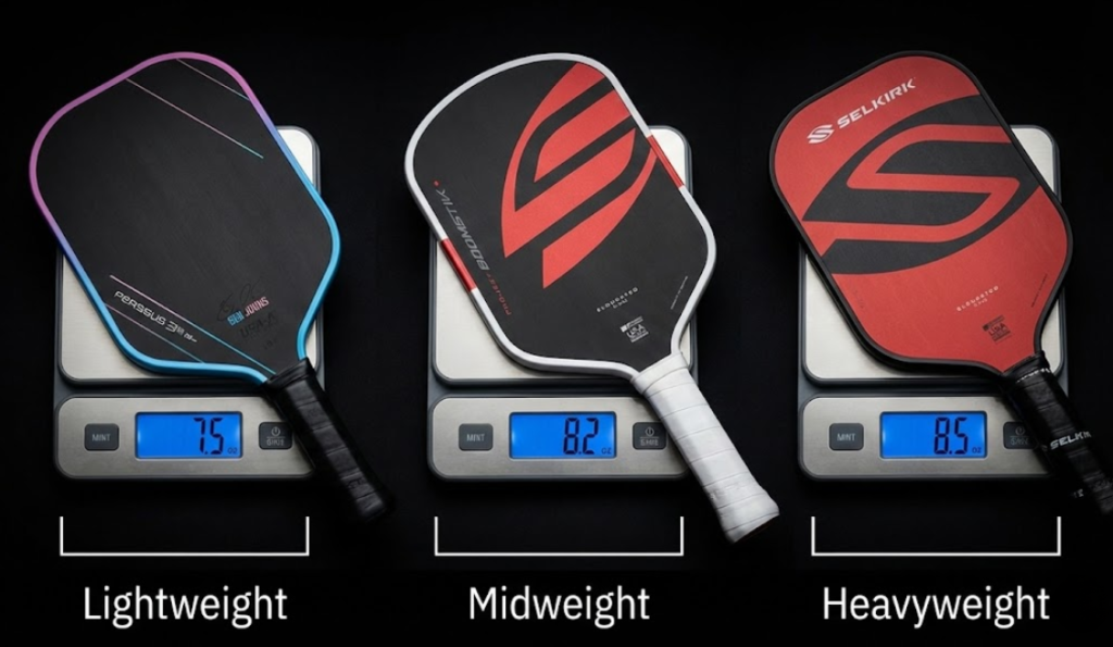 Three pickleball paddles on scales illustrating lightweight, midweight, and heavyweight options.