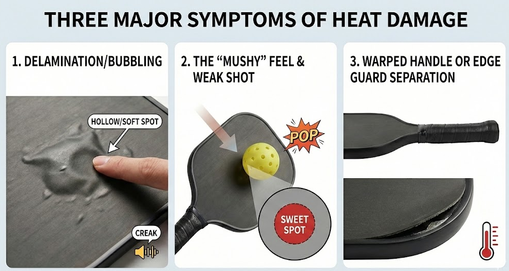 Symptoms of heat damage to pickleball paddles
