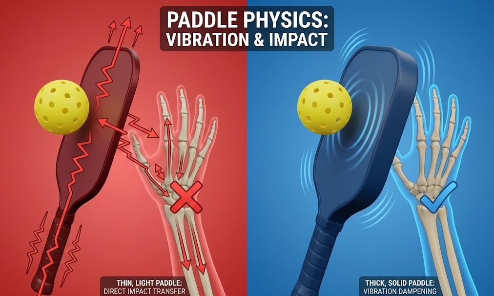 Pickleball paddles: vibration vs. impact on hand bones.