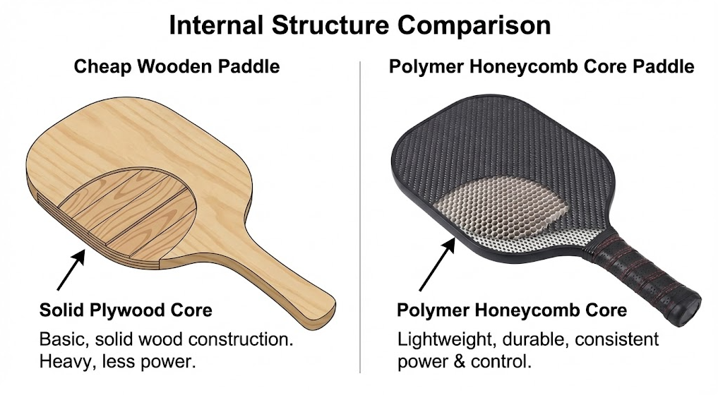 Comparison of wooden versus polymer honeycomb core pickleball paddles, highlighting internal structure.
