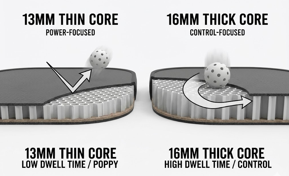 Comparison of 13mm and 16mm core pickleball paddles