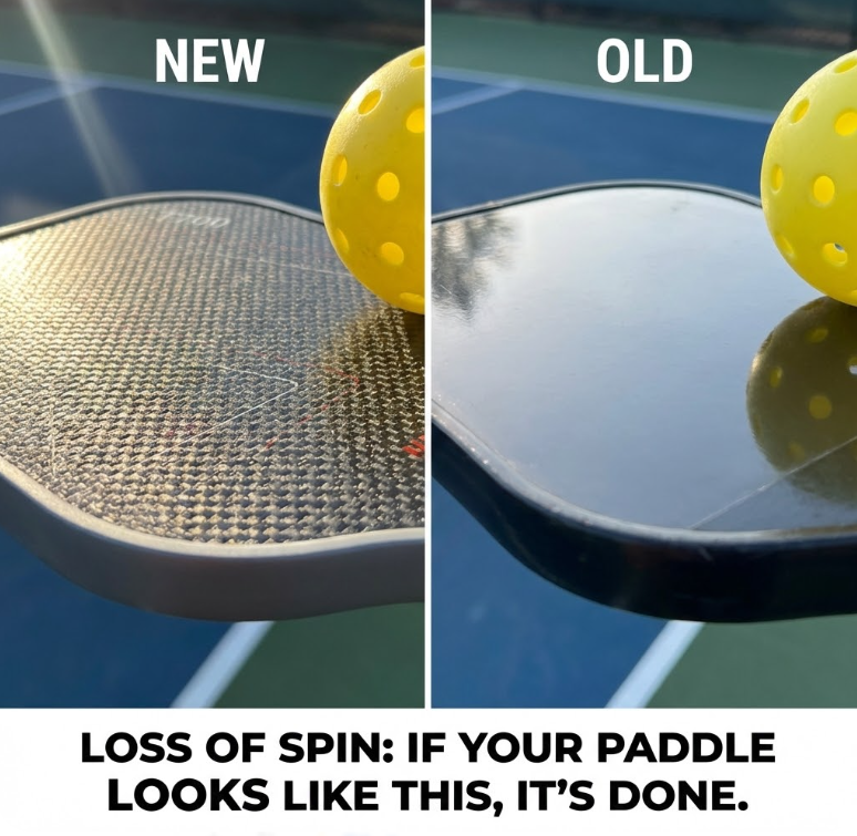 New vs. old pickleball paddle showing spin loss; a clear sign when to replace pickleball paddle.
