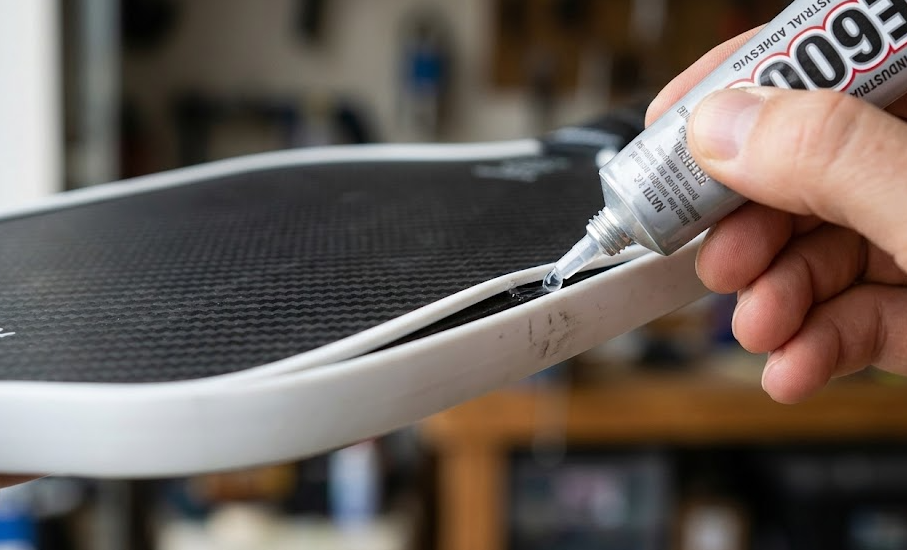 Applying glue to repair the edge guard, an important step in pickleball paddle maintenance.