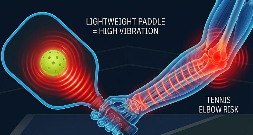Lightweight pickleball paddles causing high vibration and tennis elbow risk shown in an X-ray diagram.