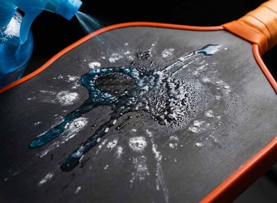 Spraying Windex on a pickleball paddle surface.