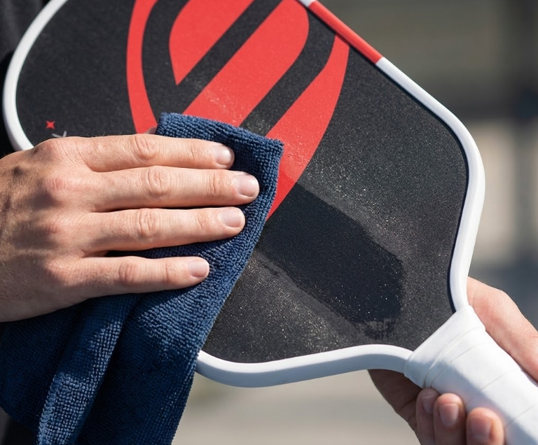 Hands wiping a dirty pickleball paddle with a cloth. Learn how to clean pickleball paddle effectively.