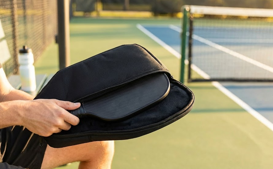 Storing a pickleball paddle in its protective case for optimal pickleball paddle maintenance.