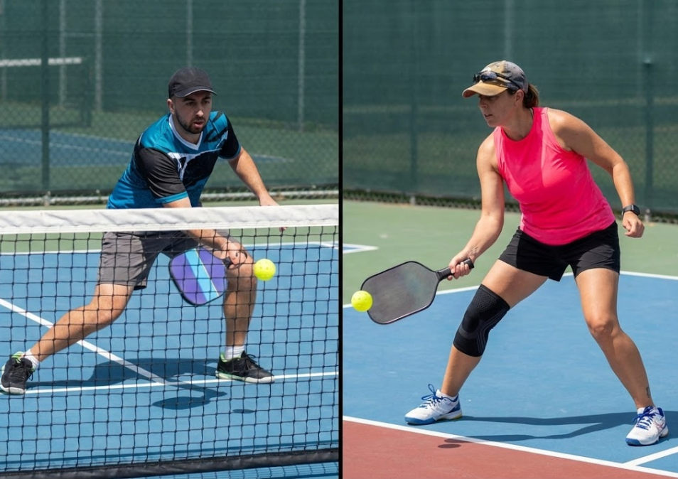 Two players actively engaged in a game, holding their pickleball paddles on court.