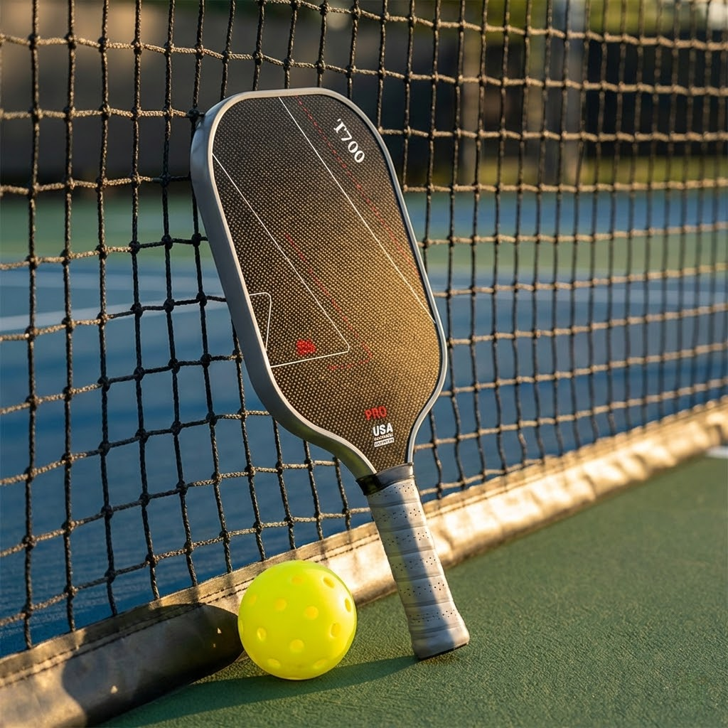 Pickleball paddle and ball on court. Know the signs when to replace pickleball paddle.