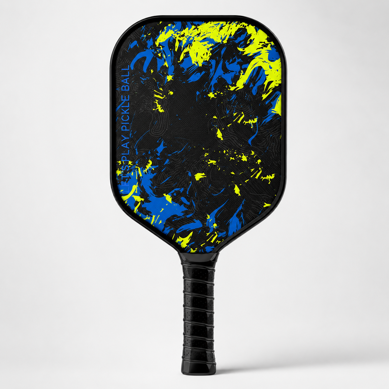 SPP-DEF-03-carbon-fiber-pickleball-paddle-16mm-defensive-electric-splash-01-hero-shot Carbon Fiber Pickleball Paddle - 16mm Defensive, Electric Splash Blue Yellow Art Hero Shot