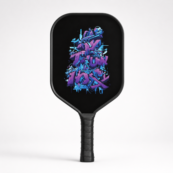 Carbon Fiber Pickleball Paddle - 16mm Defensive, Blue Purple 3D Graffiti Stack Art Hero Shot