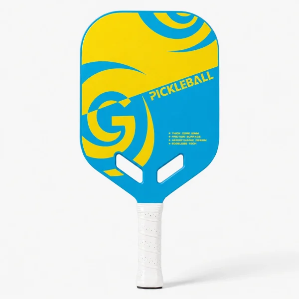 Blue yellow swirl 20mm carbon fiber pickleball paddle with thick core and white handle