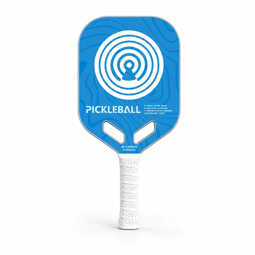 Blue bullseye 20mm carbon fiber pickleball paddle with thick core and white handle