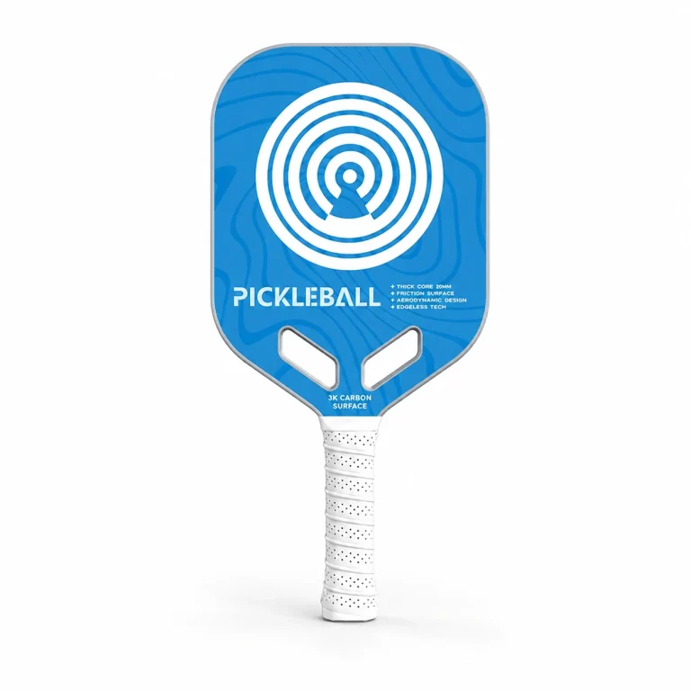 Blue bullseye 20mm carbon fiber pickleball paddle with thick core and white handle