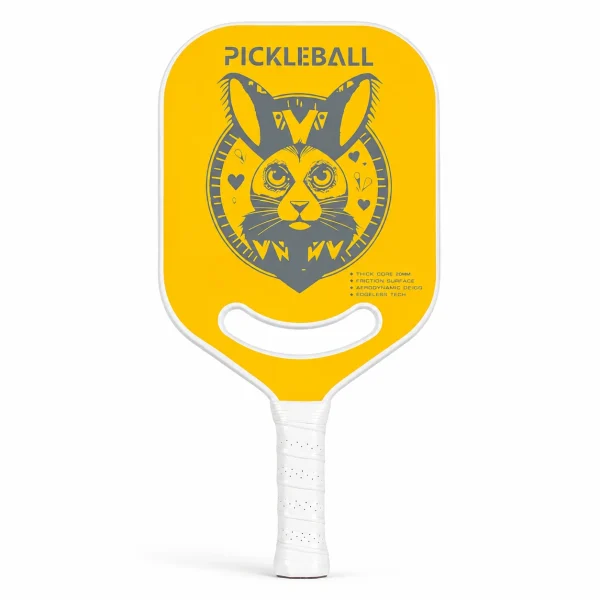Yellow cat badge 20mm carbon fiber pickleball paddle with thick core and white handle