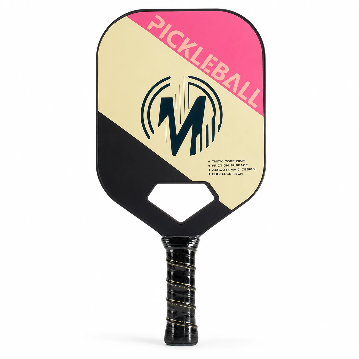 Cream pink 20mm carbon fiber pickleball paddle with M-lightning logo, diamond throat, and black handle