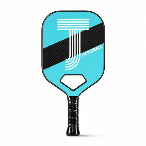 Cyan carbon J-logo 20mm carbon fiber pickleball paddle with diamond throat and black handle