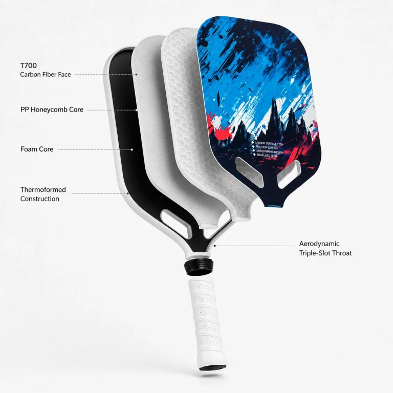 Exploded structure of dark blue galaxy mountain 16mm T700 carbon fiber pickleball paddle with PP honeycomb and foam core