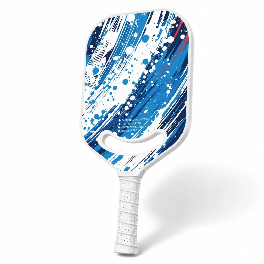 Blue white paint-splatter 16mm T700 carbon fiber pickleball paddle with arc edgeless throat and white handle
