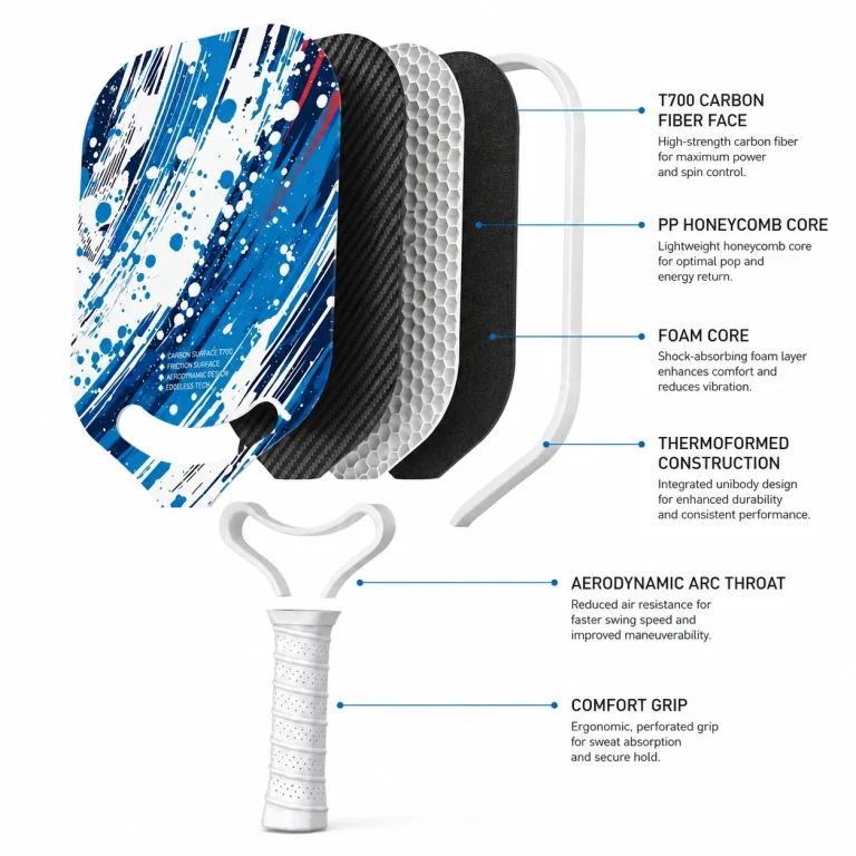 Exploded structure of blue white paint-splatter 16mm T700 carbon fiber pickleball paddle with PP honeycomb and foam core