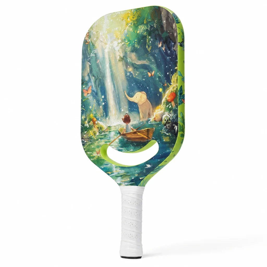 Forest waterfall illustration 16mm carbon fiber pickleball paddle with girl in boat, elephant scene, green edge, and white handle