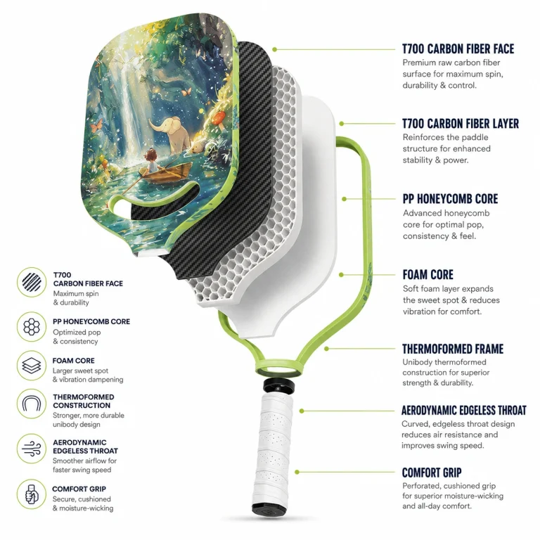 Exploded structure of forest waterfall illustration 16mm carbon fiber pickleball paddle with PP honeycomb and foam core