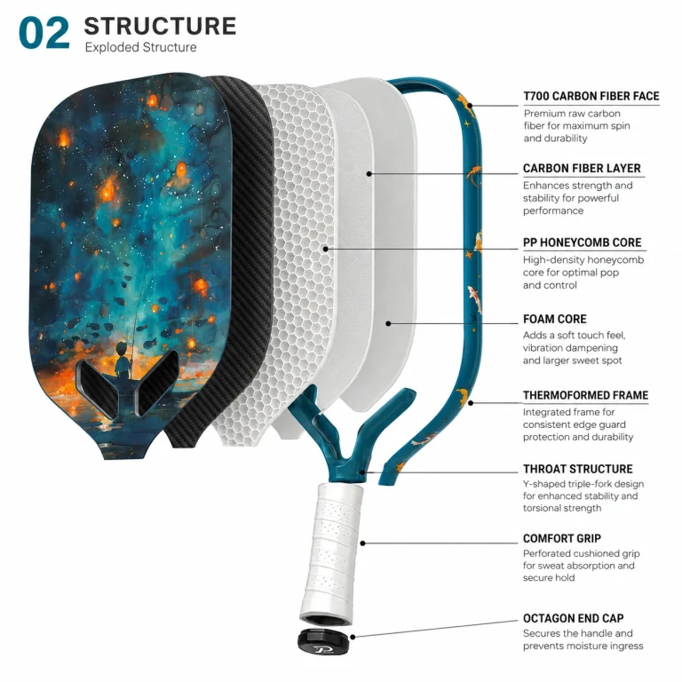 Exploded structure of starry night lantern boy 16mm carbon fiber pickleball paddle with Y-shaped throat, PP honeycomb and foam core