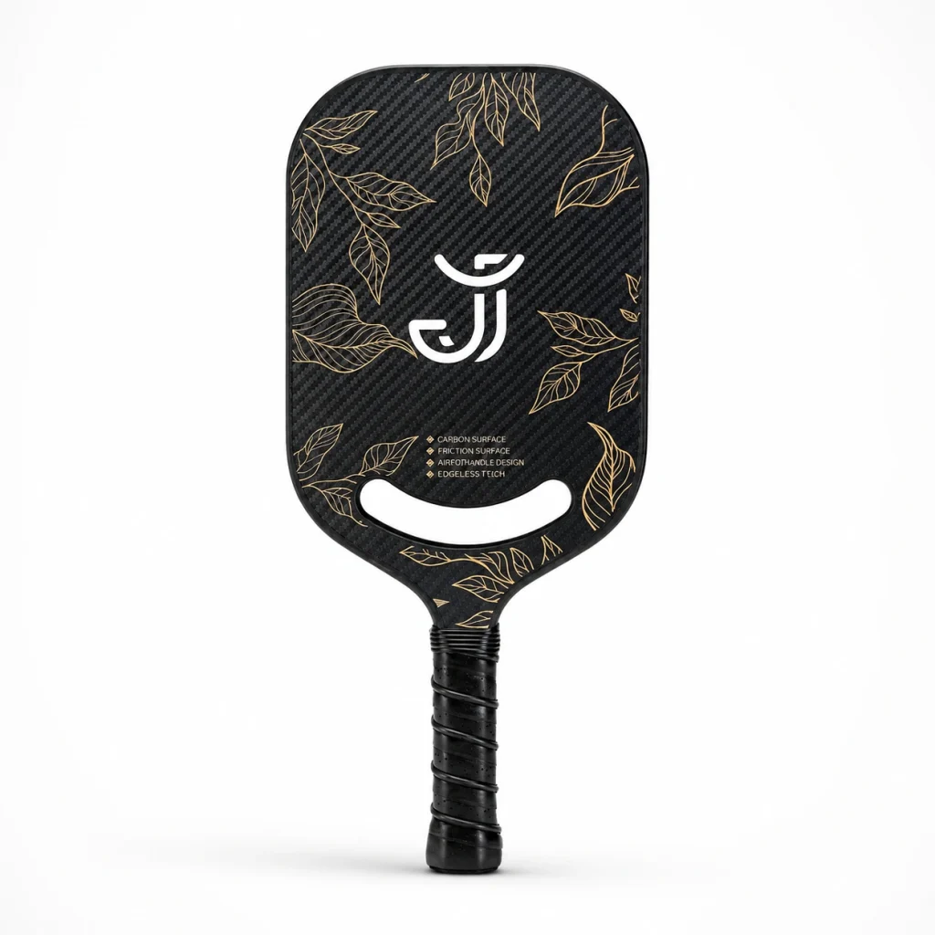 13mm fast-swing black carbon fiber pickleball paddle with gold leaf pattern, JJ logo, and black handle