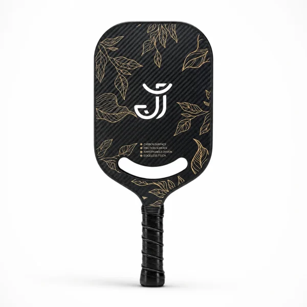13mm fast-swing black carbon fiber pickleball paddle with gold leaf pattern, JJ logo, and black handle