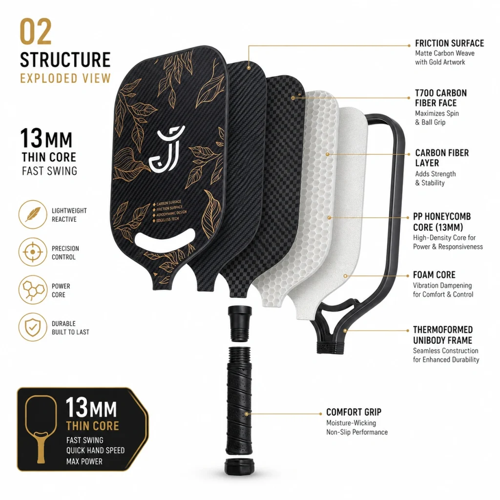Exploded structure of 13mm black carbon fiber pickleball paddle with gold leaf pattern, PP honeycomb foam core, and fast-swing thin core design
